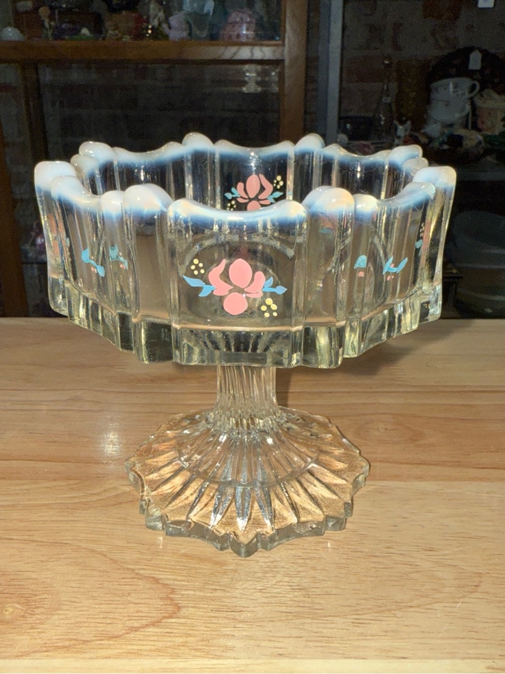 Glass Pedestal Compote with Pink Floral Motif Fenton Vintage